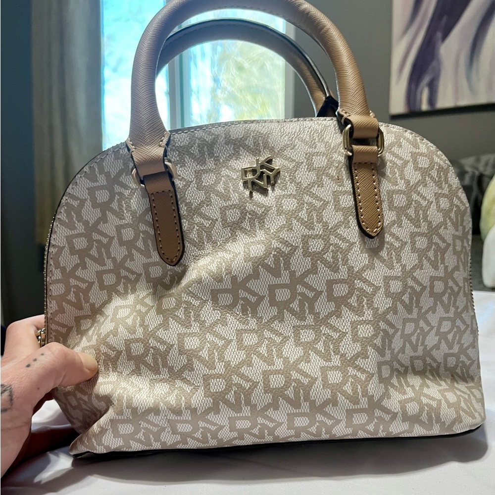 DKNY Beige and Brown Logo Satchel